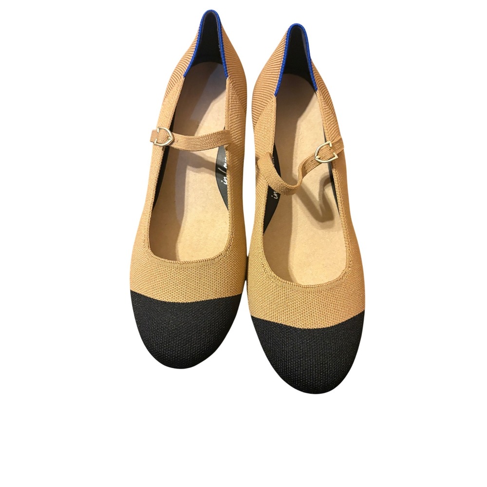 Rothys The Mary Jane Heel Cream Captoe Tan Black Block Heels 223-003 Womens 11